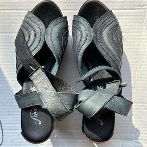 Free people blue wooden platform sandals: size 36, 4 inch heel and ankle straps